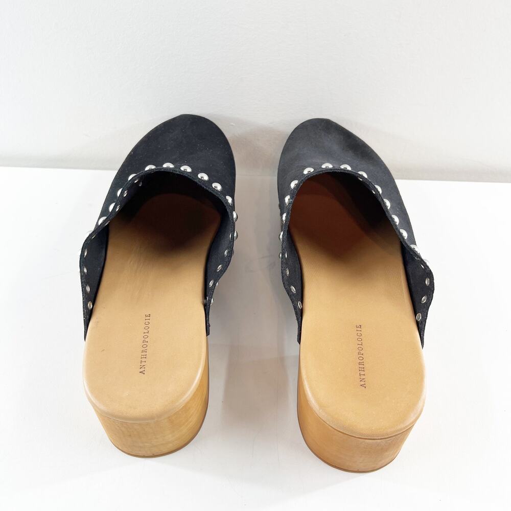 Anthropologie Studded Trim Wood Bottom Clogs Black 40 / US 9.5 / 10 - Picture 6 of 10